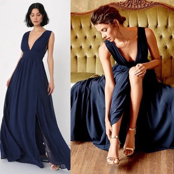 Lulus Heavenly Hues Navy Blue chiffon Maxi Dress Gown , size S Small or  Large L